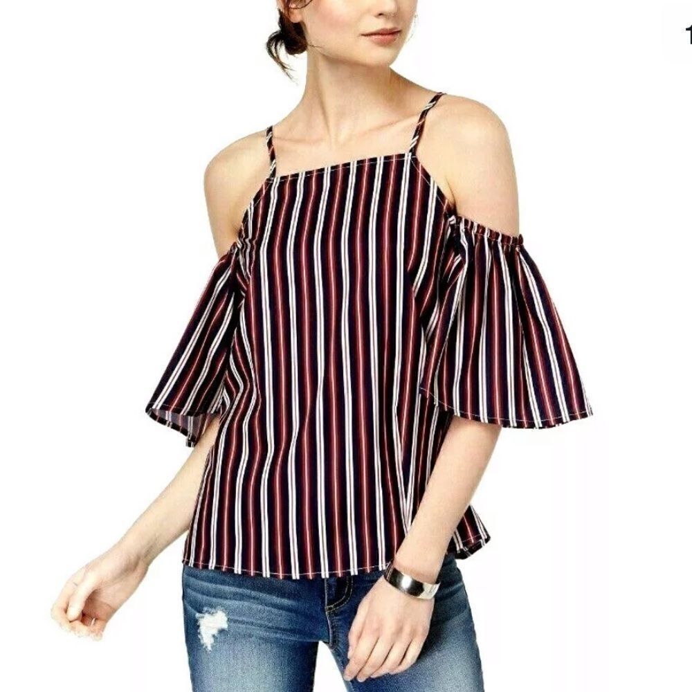 Almost Famous Red Navy Striped Cold shoulder Top